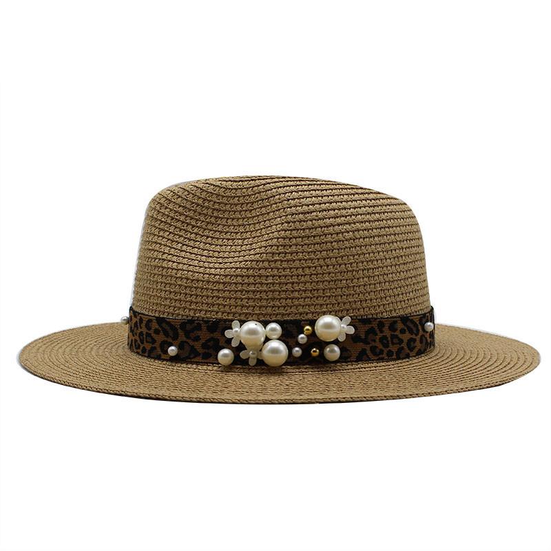Spring And Summer Leopard Print Pearl Straw Sun Protection Visor Straw Hat Dame Top Hat