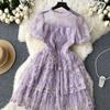 Summer Lace Hook Flower Embroidered Bubble Sleeve Dress for Womenfashion Slim Waist Dress Female A-line Cake Party Retro Dress
