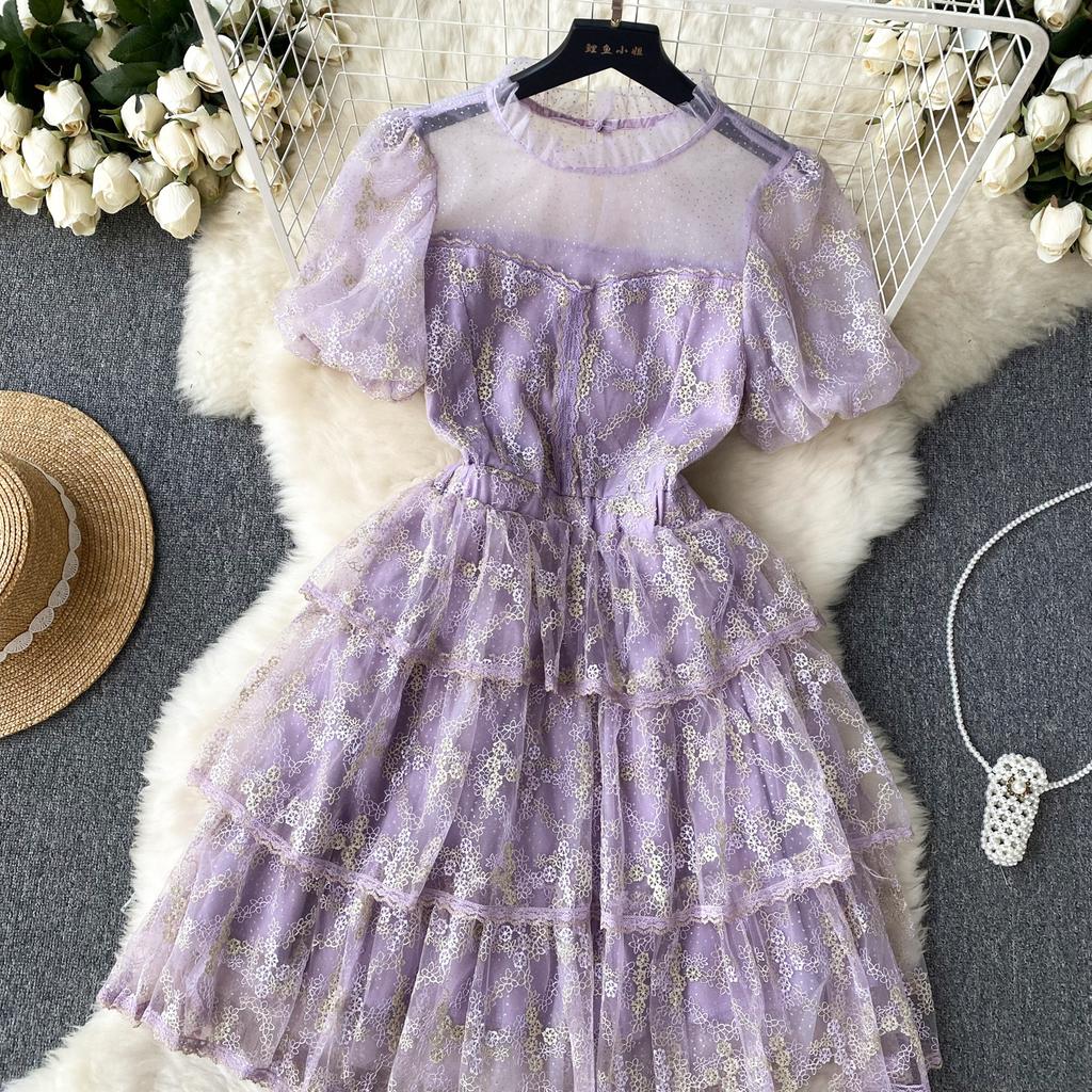 Summer Lace Hook Flower Embroidered Bubble Sleeve Dress for Womenfashion Slim Waist Dress Female A-line Cake Party Retro Dress