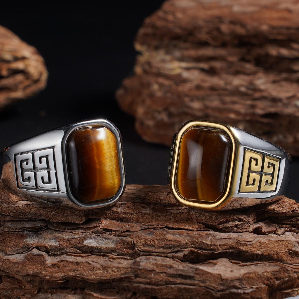 1pc Men's Vintage 316L Stainless Steel Ring with Natural Tiger's Eye Stone Intricate Detailing, Durable Unisex Jewelr
