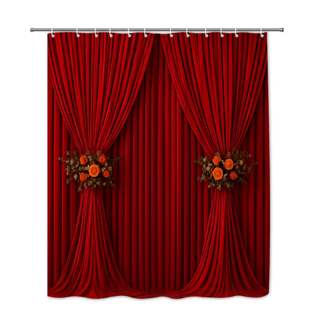 Red Velvet Theater Curtain Shower Curtain Elegant Drapes With Floral Bouquet Stage Style Bathroom Decor Waterproof Quick Setup