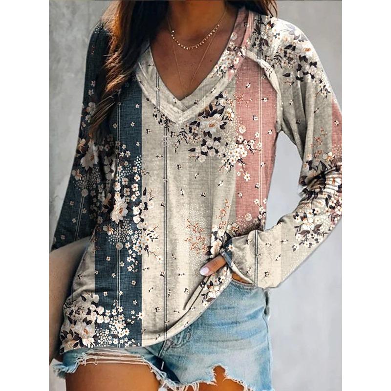 Women's Elegant V-neck Diamond Ethnic Print Long Sleeve T-shirt Soft Polyester Perfect for Autumn and Winter Casual Wear Tops