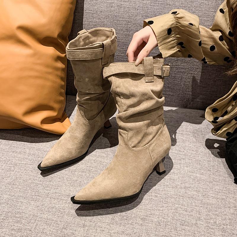 Fashion Mid Heels Women's Pointed Toe Ankle Boots Fashion Suede Buckle Shoes 2025 Winter New Chelsea Short Boots Cool Pumps Zapatillas