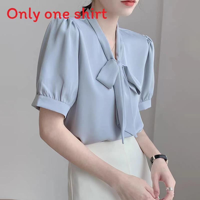 Blue Bowknot Shirt With Satin Fabric And Tie Detail For Office Women