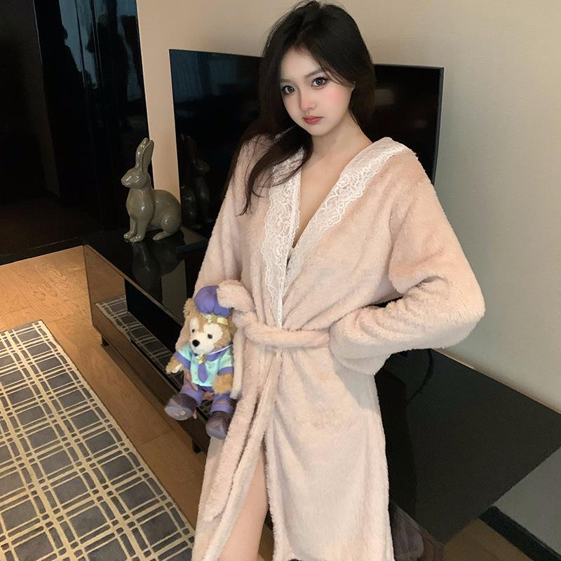 Women's Winter Fleece Long Bathrobe with Velvet - Sexy Bride Morning Robe Pajamas