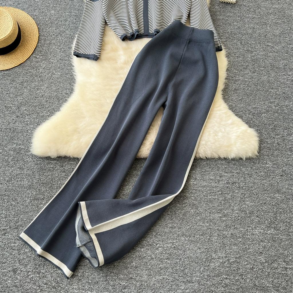 Autumn Winter Women Casual Striped Knitted Sweater Trouser Two Piece Set V-neck Pullover Tops and Wide Leg Pant Tracksuit