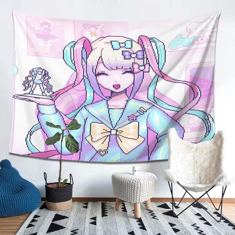 Pixel Super Girl Anime Tapestry, Pink Purple Macaron Ins Aesthetic Wall Hanging For Bedroom Dorm Home Decor Gift