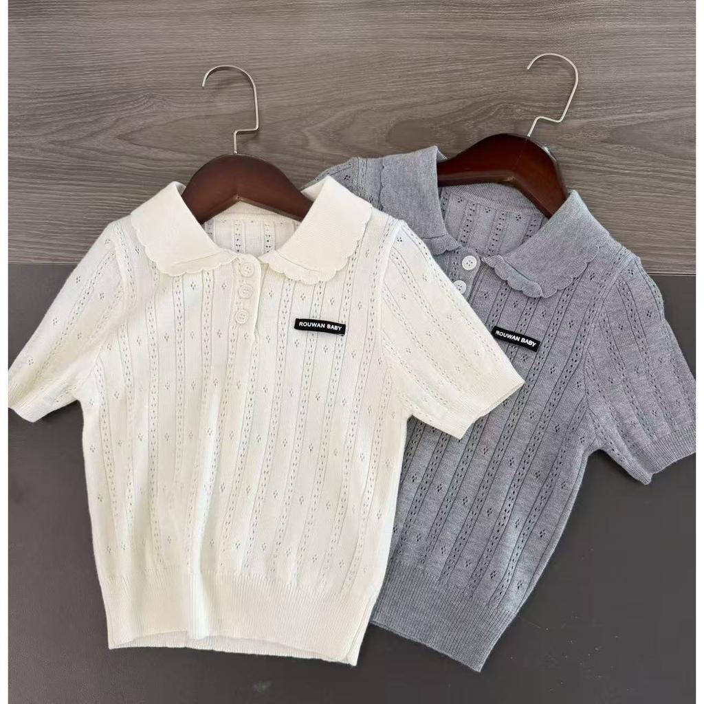 Girls Summer Hollow Knit Polo Shirt Short Sleeve T-Shirt Baby Stylish Casual Top
