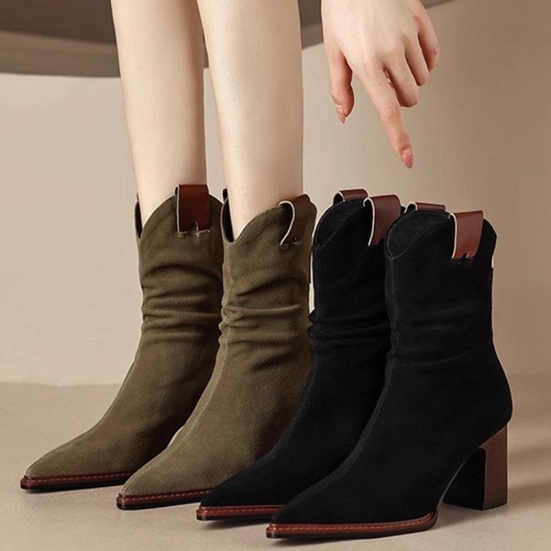 Stivaletti alla Caviglia in Camoscio con Tacco Basso Stivali Chunky Western Cowboy da Donna Stivali Corti da Cavaliere Retro a Punta con Pieghe Stivaletti Chelsea in Nabuk