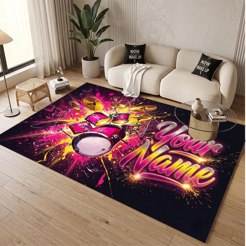 Music Drums Theme Soft Crystal Velvet Rug Custom Name & Text Print Non Slip Floor Rug for Bedroom Living Room