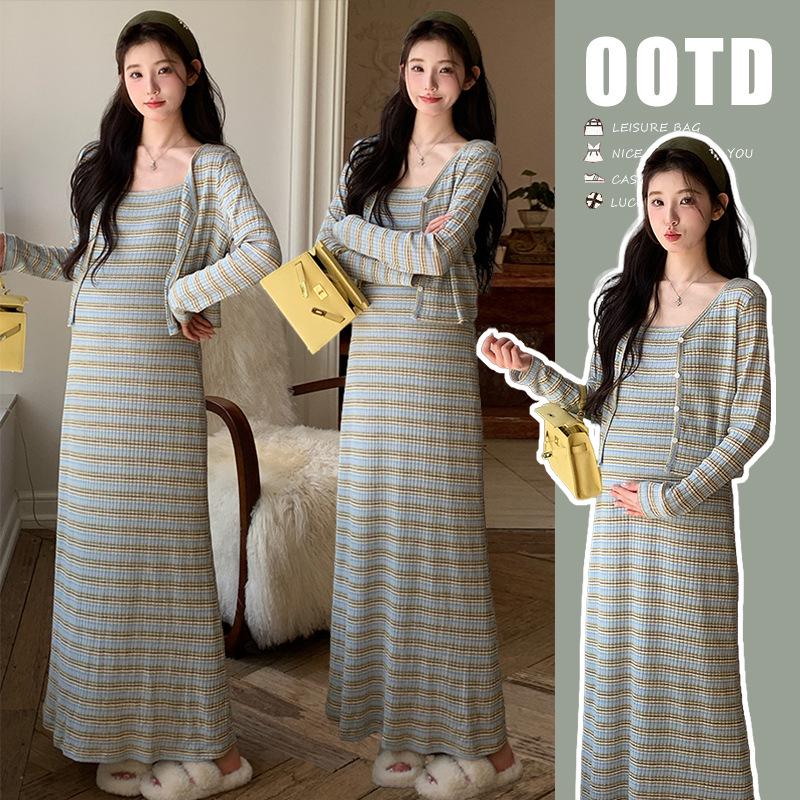 Spring 2026 Korean Style Knit Camisole Dress & Cardigan Set - Maternity Wear L