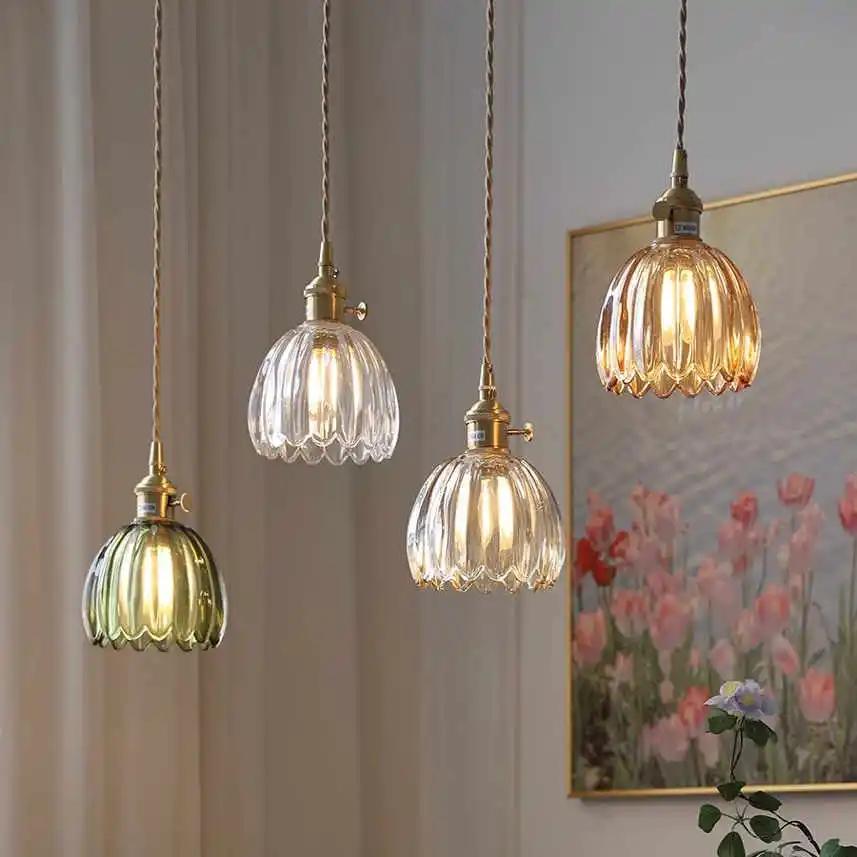 Retro Modern Glass Flower Twisted String Pendant Lamp Dining Room Bedroom Bedside Pendant Lamp With Built-in Switch Lighting