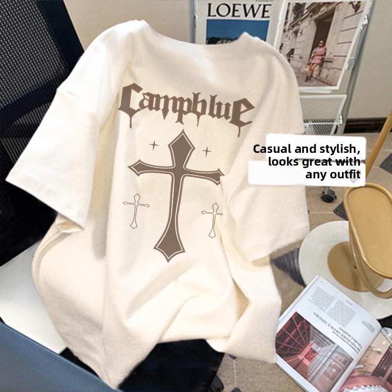 Summer Loose Oversize Women's T-irt Cotton Pure Long ort Sve round Ne Print Korean Sle Casual Comfortable Top