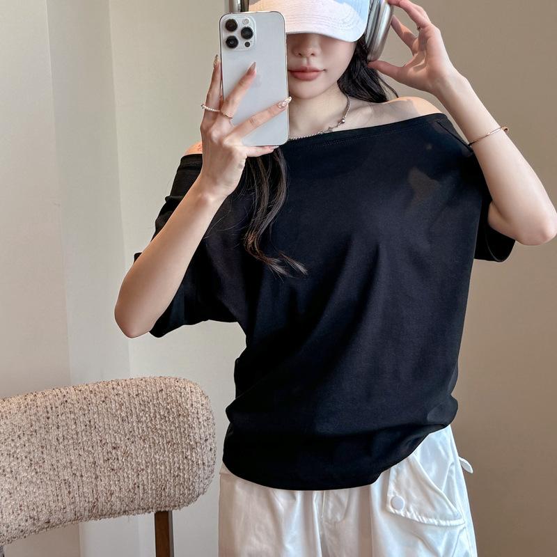 

Summer white one-word shoulder loose lazy wind short-sleeved T-shirt women s high-end sense niche versatile shoulder top s (suitable for weight 35-47.5kg ) чёрный