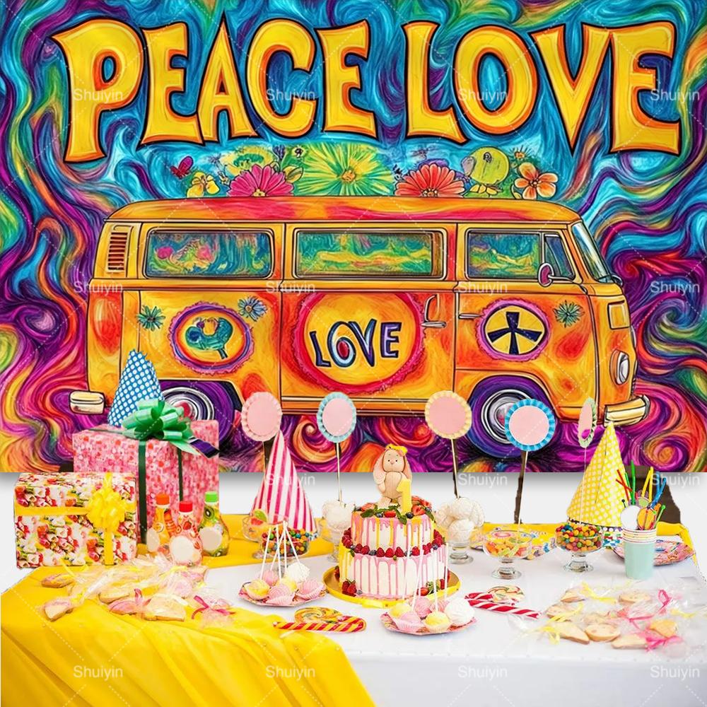 Colorful Peace Love Retro Hippie Bus Dyed Backdrop Kids Birthday Party Decorations Bohemian Style Guitar Floral Photography Prop