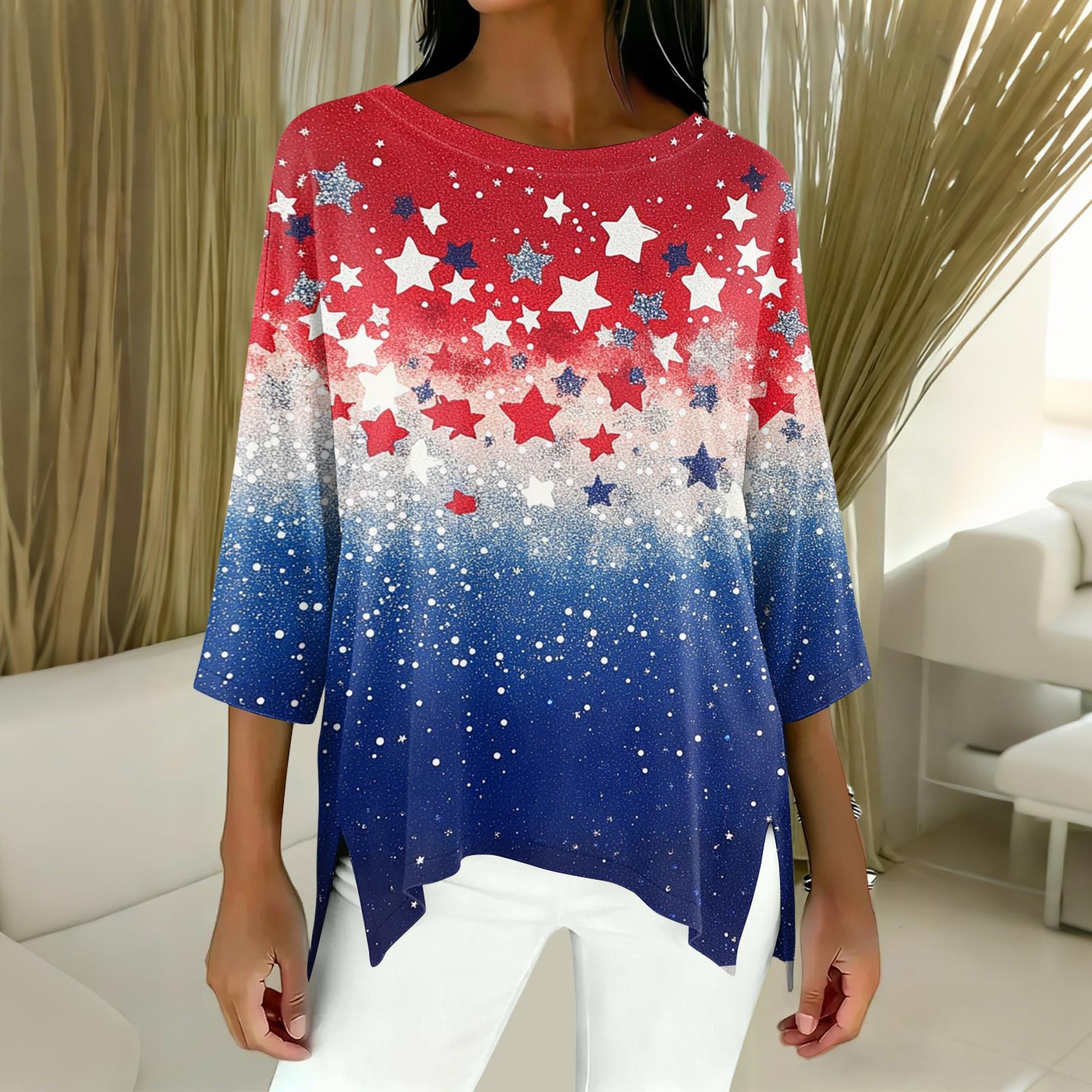 Women s Fashion Independence Day Print Three-Quarter Sleeve Top S синий
