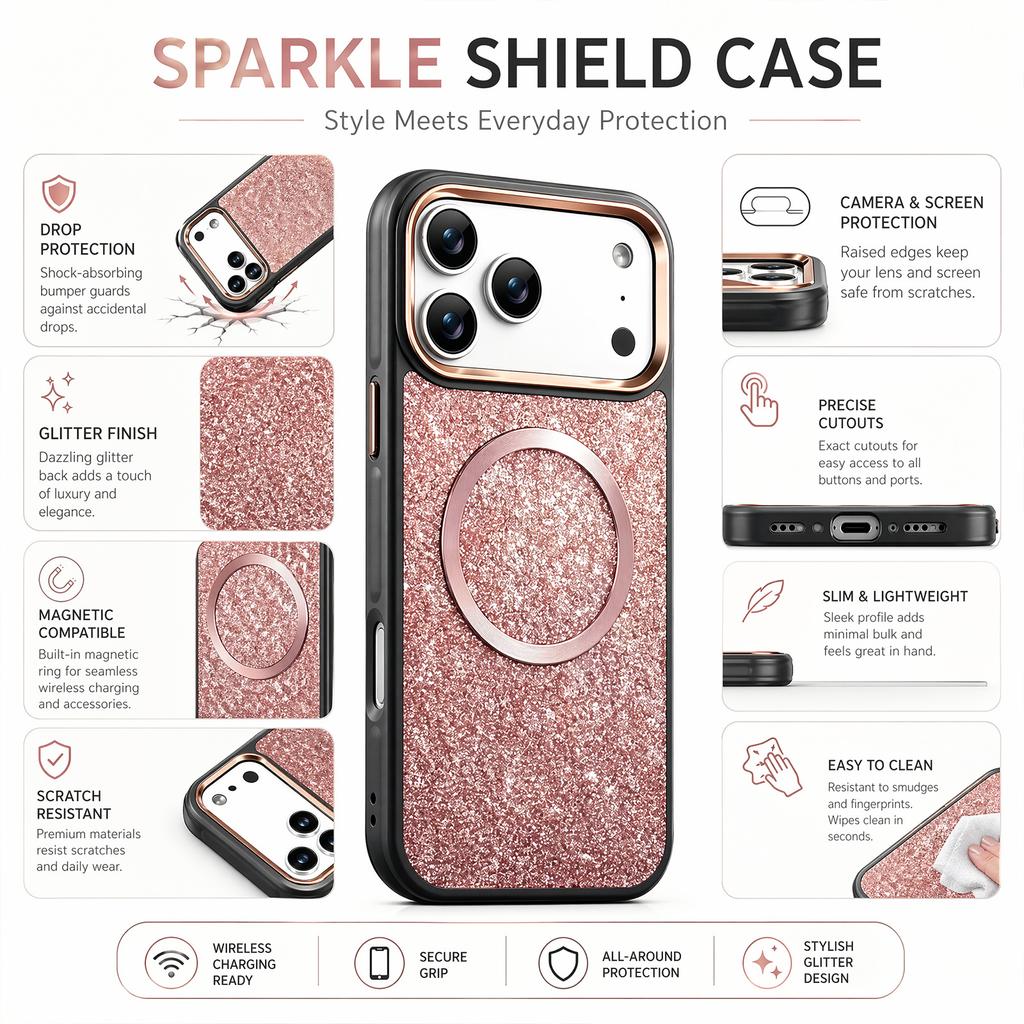 Case for Iphone 17 16 15 14 13 Pro Max Metal Lens Frame Glitter Protective Cover Wireless Charging Magnetic Anti-Fingerprint