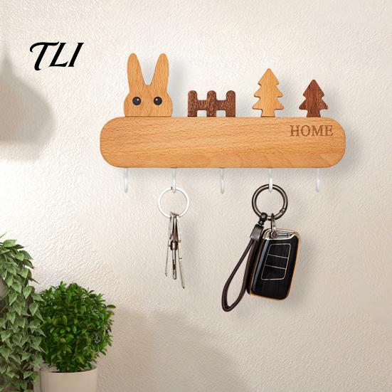 Heavy Duty Screw Fixation Hooks Wooden Key Holder with 5 Hooks, Cartoon House Theme Organizer, Multi Entryway Wall Storage Purpose Hanging Rack