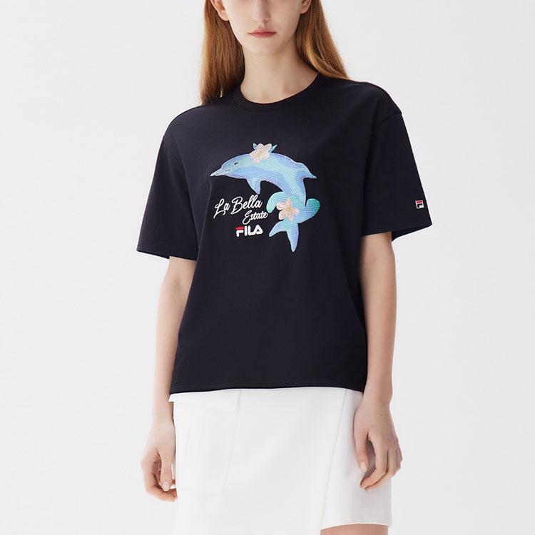 Fila Dolphin Print Casual Sport Short Sleeve T-Shirt Women Tops Black F51W128107F-BK
