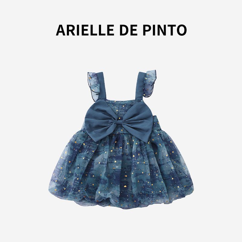 French Arielle De Pinto Girls  Dress Summer New Style Flying Sleeve Bow Flower Bud Princess Dress Dark Blue 80