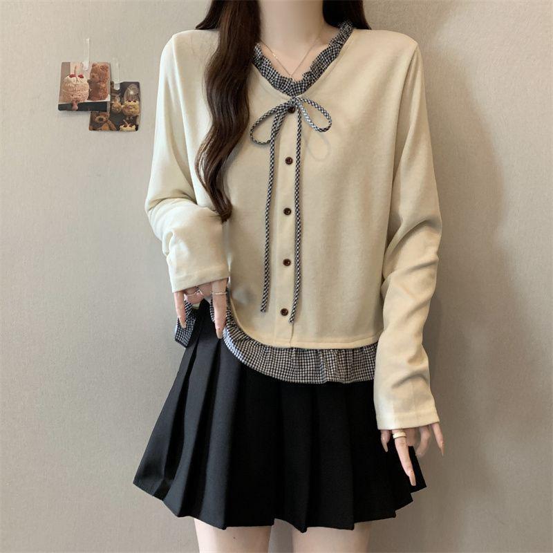 

Plus Size Velvet Ruffled V-Neck Long-Sleeve Faux Two-Piece Slimming Top for Women M [Recommended 80-100 lbs] абрикосовый