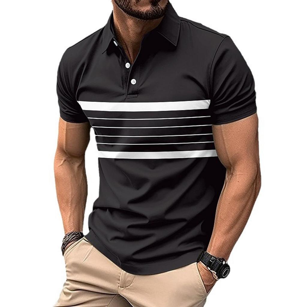 New Men's Casual POLO Shirt Summer Lapel Buttons Striped Casual Versatile T-shirt Tops