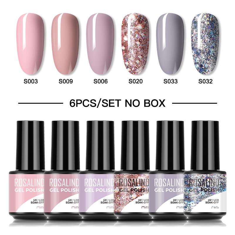 ROSALIND 6pcs/lot Nail Polish Set Nude Blue Glitter Gel Nail Polish Semi Permanent Hybrid Varnish Nail Lacquer Gel Polish