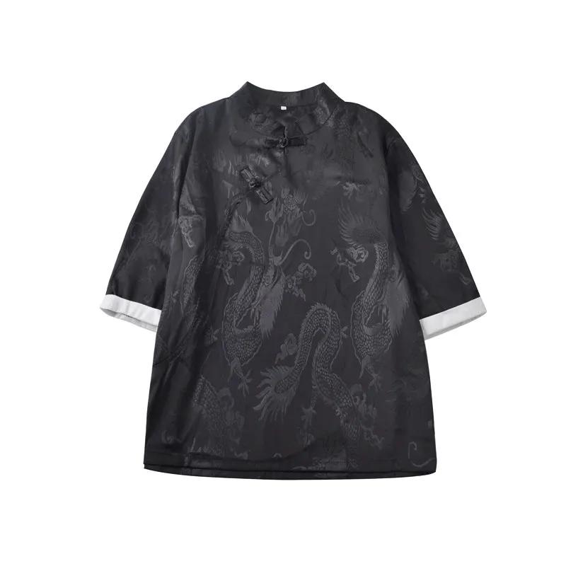 2026 Summer Men Thin Ice Silk Shirt Men Breathable Dragon Pattern Jacquard Shirt Male Stand Collar Button Seven-Half Sleeve T-Shirt Men Pullover