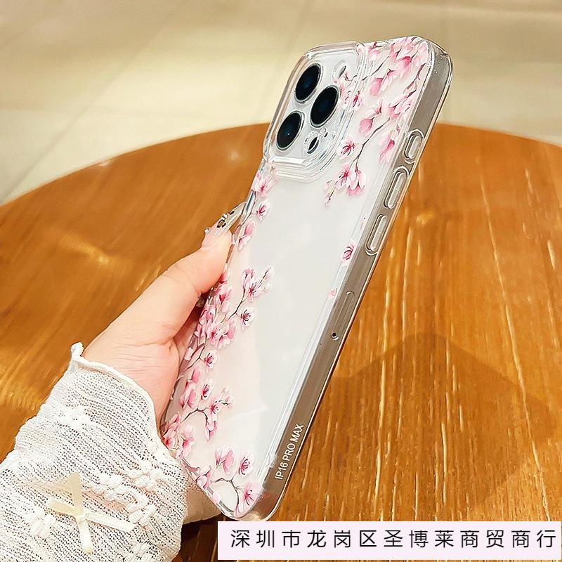 Super beautiful pink peach blossom for iPhone16promax mobile phone case Apple 14/13 transparent 15 all-inclusive XS soft