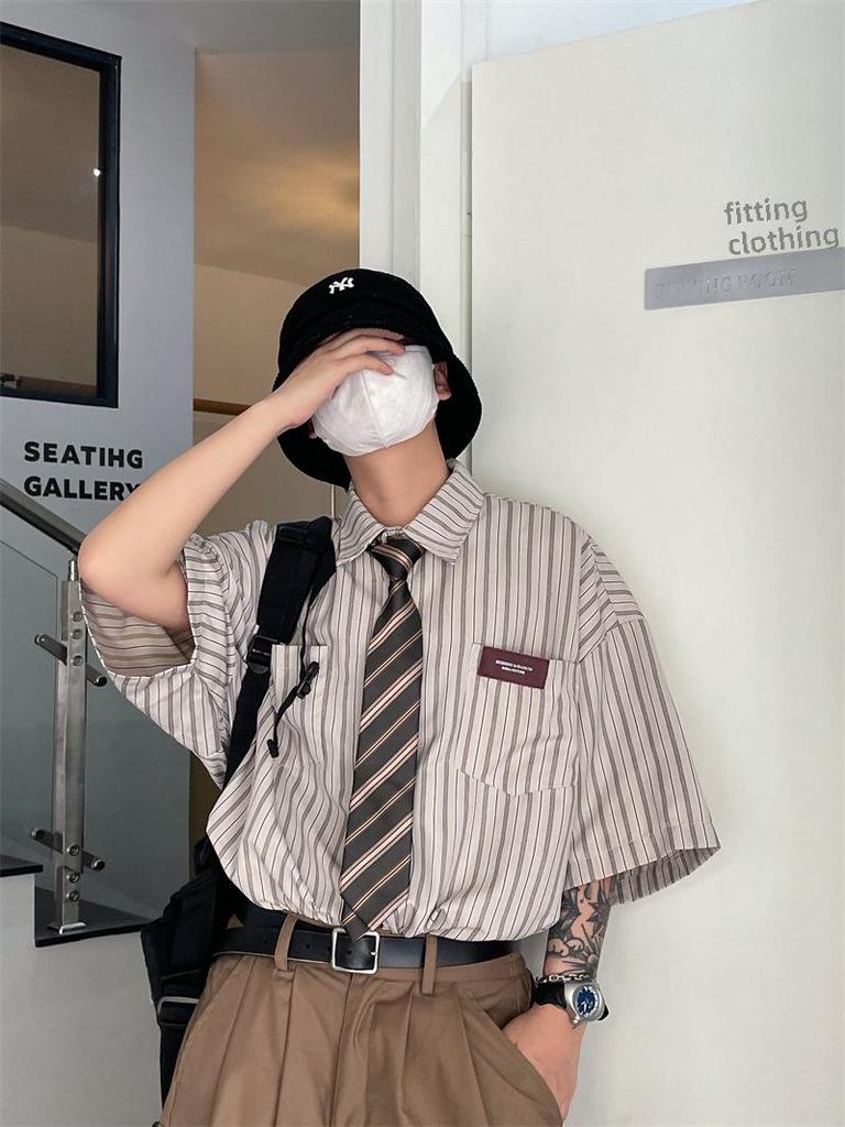 2023 Summer Unisex Japanese Retro Striped Lapel Short-Sleeve Trendy Shirt