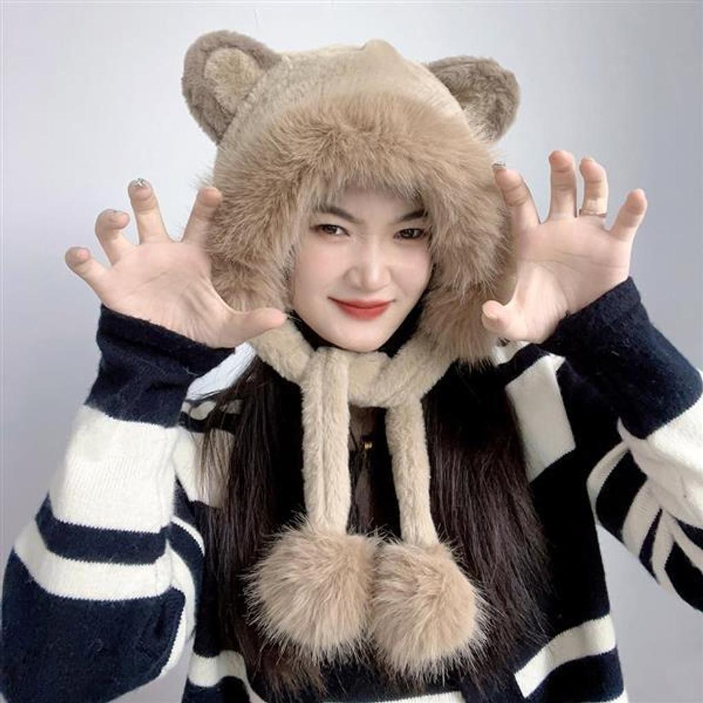 Drop-shaped Teddy Bear Earflap Hat (brown)