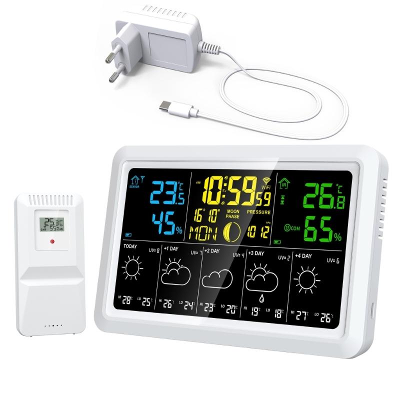 

Digital Thermometers Hygrometer Alarm Clock With WiFi Connection Color Screen Weather Updates For Indoor Outdoor 1