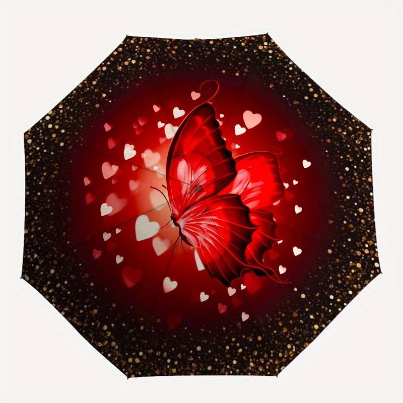 Schmetterling, Herzen Automatischer Faltregenschirm Einfaches 8-Rippen-Design, Helles Cartoon-Muster, Langlebiger Eisenrahmen, Geeignet für Reisen, Outdoor,