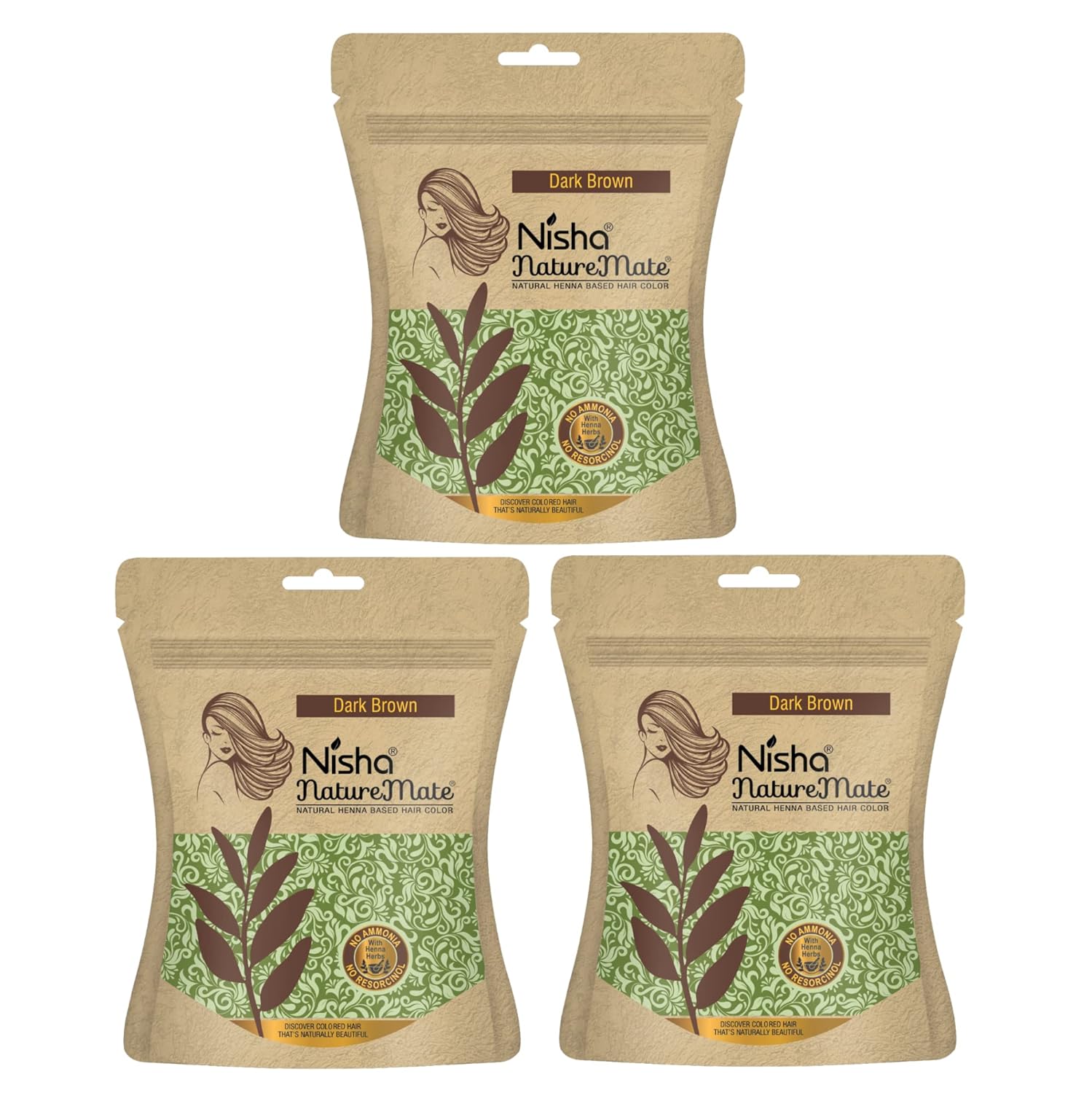 

Nisha Nature Mate Хна для волос Темно-коричневая Порошок Аммиак-фри Стойкая Закрашивание седины Травяной краситель 45 г х 3 шт.