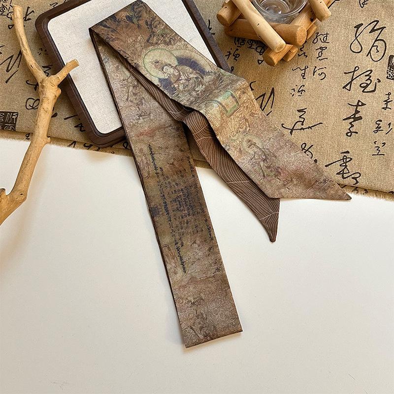 Long streamer bow tied hair retro Dunhuang oil painting silk scarf headband women tied headscarf