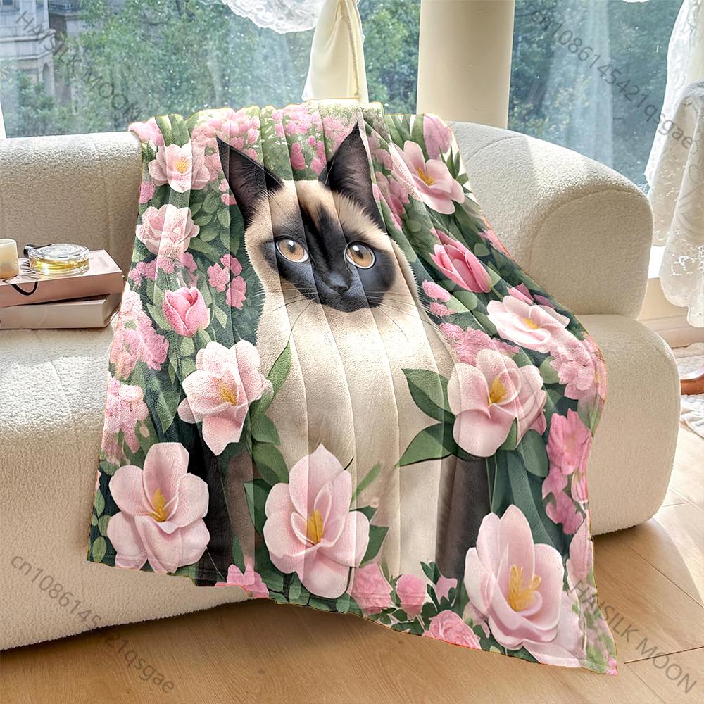 Multi-size Cat and Pink Roses Pattern Blanket Flannel Material Soft Warm for All Seasons Home Outdoor Camping Picnics RV