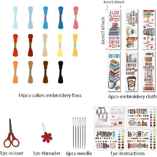 FREEBLOSS 6 Set Cafeteria Cross Stitch Bookmark Stamped Cross Stitch Kit with Coffe&Books Patterns Embroidery Kit with Instruction DIY Bookmark Kit