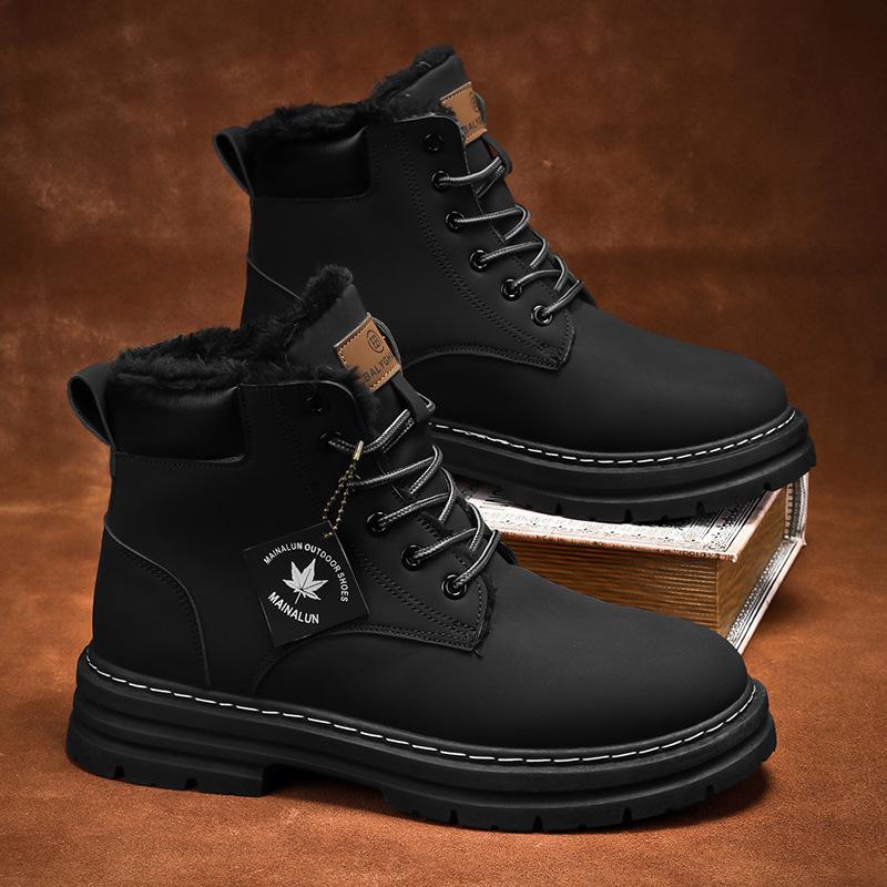 winter snow boots with warm plush lining non-slip sneakers men high top waterproof leather shoes thick-soled heightening shoes