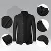 Men Woolen Coat Stand Collar Solid Color Windproof Autumn Winter Thicken Trench Coat Overcoat Business Windbreaker Streetwear