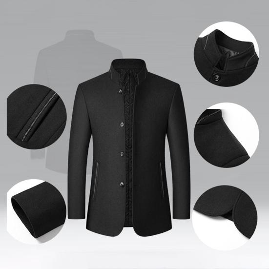 Men Woolen Coat Stand Collar Solid Color Windproof Autumn Winter Thicken Trench Coat Overcoat Business Windbreaker Streetwear