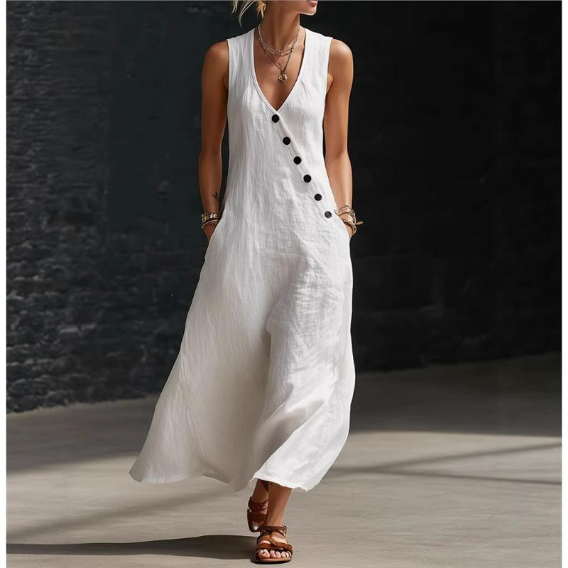 New summer V-neck sleeveless diagonal button-up vest skirt long women's vacation casual dress