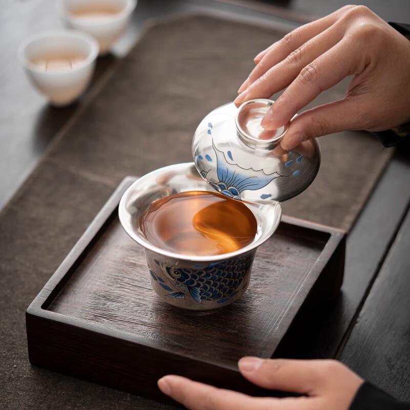 Sushi Ceramic Gilded Silver Gaiwan with Arowana Design