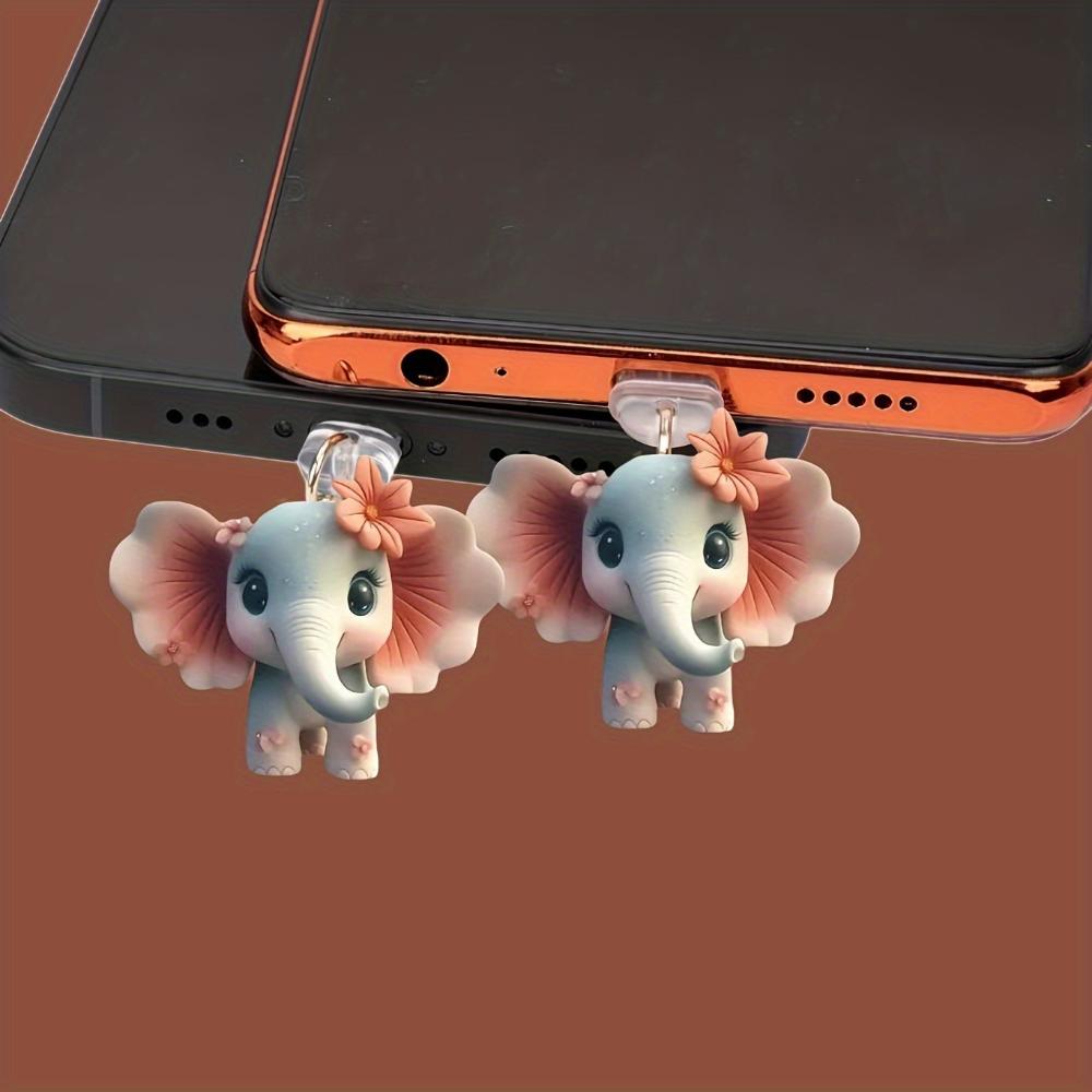 2D Acrylic Cute Elephant Phone Dust Plug Type-C Port Cover For Iphone & Samsung Decorative Hanging Pendant Accessory
