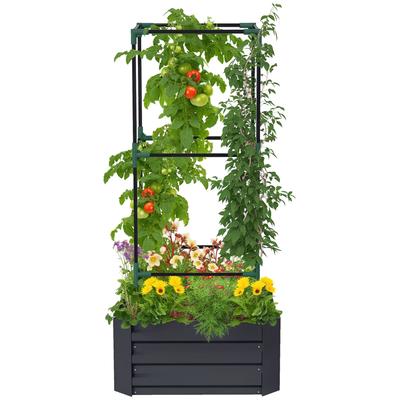 Raised Garden Bed with Trellis Planter Box with Trellis Support, Open Bottom, Weather-Resistant, 61 Cm X 61 Cm X 140 Cm, Dark Gray