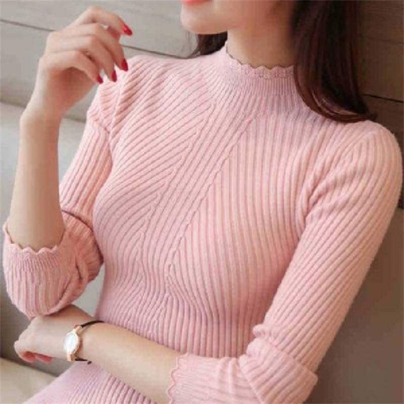 Women's New Autumn and Winter Long-sleeved Knitted Lace Pullover All-match Half Turtleneck Sweater