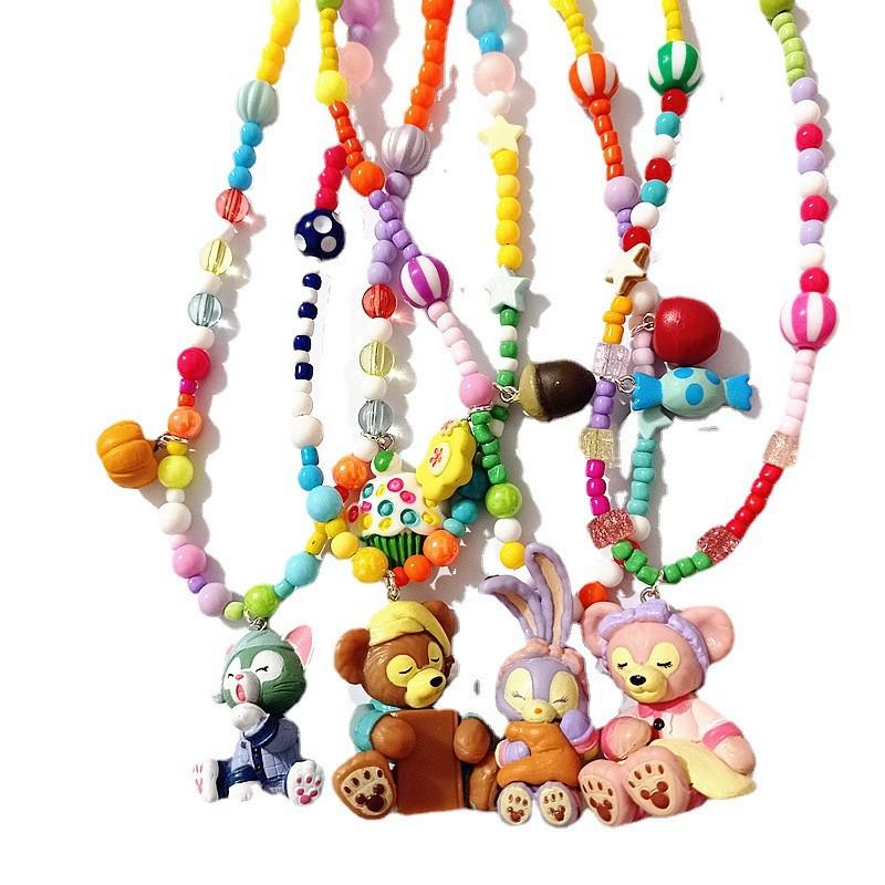 Colorful Cartoon Beaded Choker Necklace for Children Featuring Duffy Bear, ShellieMay, and StellaLou with Painter Hat.
