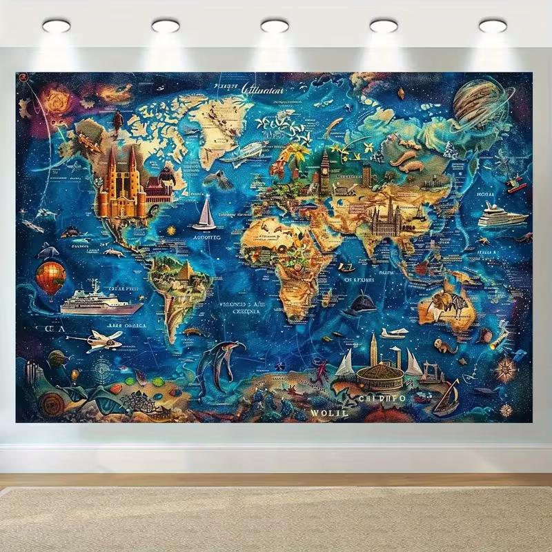 2D Fantasy World Map Backdrop with Landmarks & Animals, Blue Ocean Style Background for Room Decor