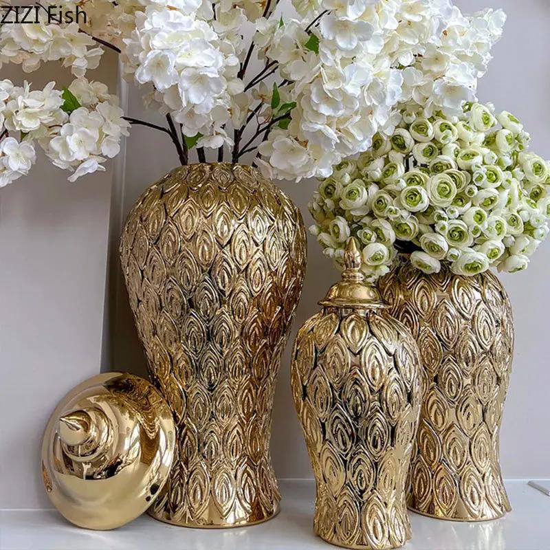 Gold-plated Pattern Ceramic Storage Jar White General Tank Desk Decoration Flower Arrangement Jewelry Jars Cosmetic Containers
