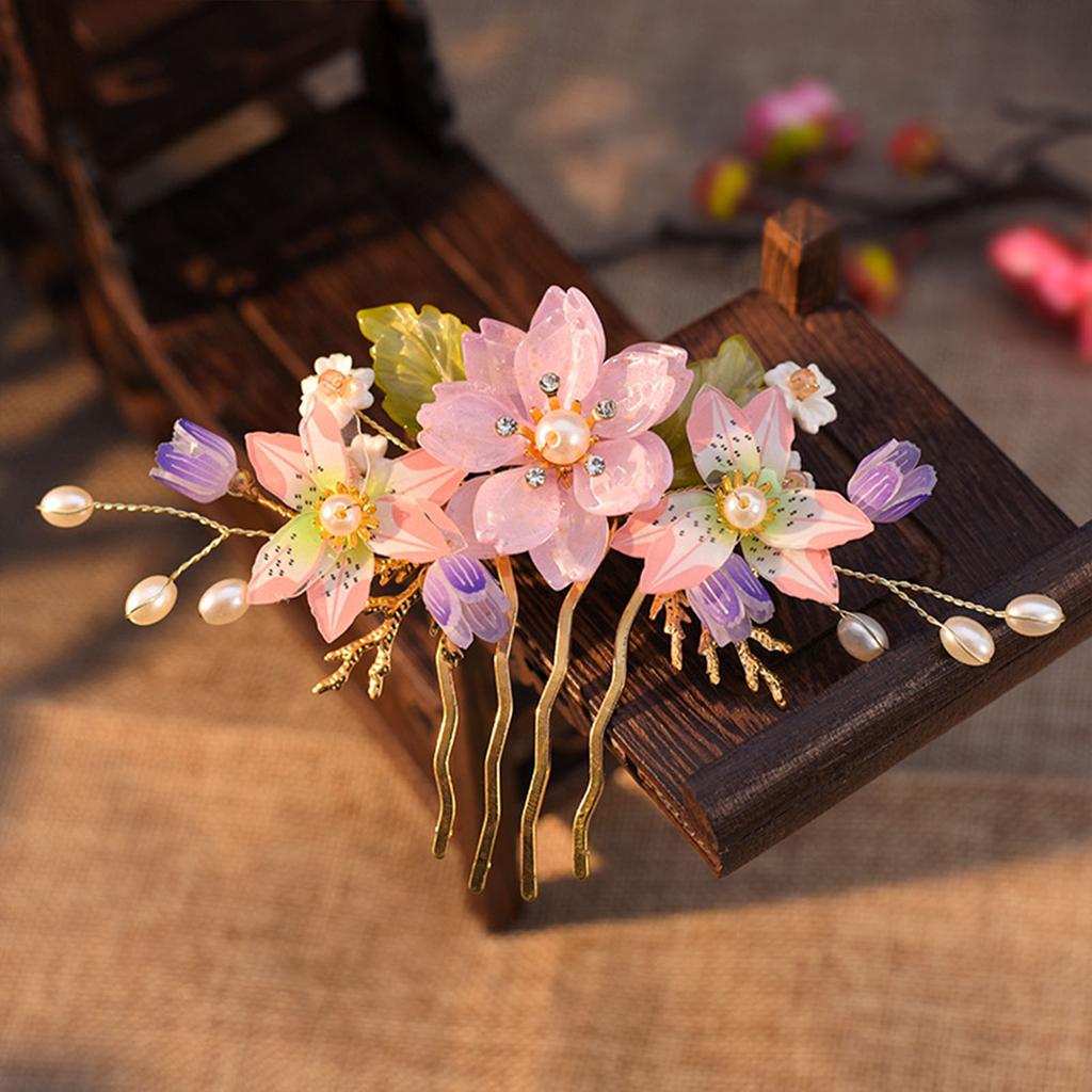 Vintage Blumenhaarnadel für Damen Elegant Gaze Pfingstrose Pfirsichblüte Rose Saison Haarkamm Exquisites chinesischer Stil Haaraccessoire