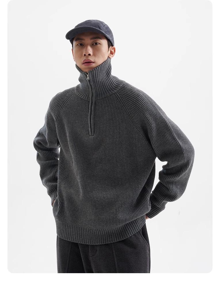 Men's High-Neck Half-Zip Thick Knit Sweater, Retro Loose-Fit Pullover for Autumn/Winter